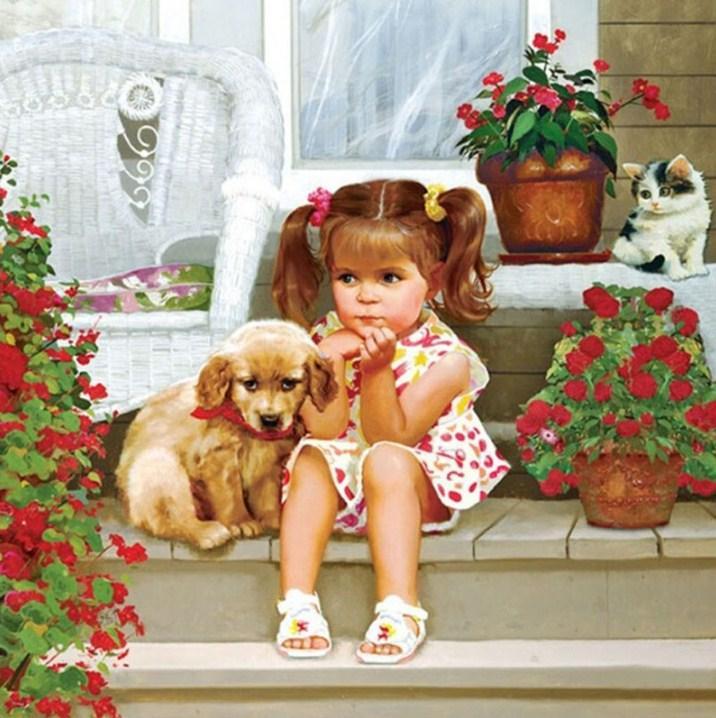 Cute Girl with her Puppy & Kitten - diamond-painting-bliss.myshopify.com