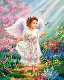 Cute angel Girl & Sparrows in Garden - diamond-painting-bliss.myshopify.com