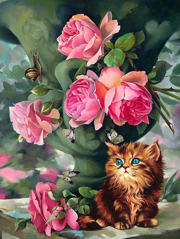 Flowers and Cat - diamond-painting-bliss.myshopify.com