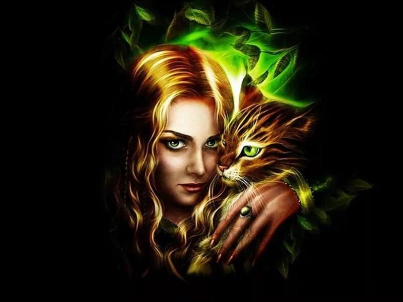 Green Eyed Cat & Girl - diamond-painting-bliss.myshopify.com