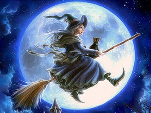 Halloween Witch & Cat on Broom - diamond-painting-bliss.myshopify.com