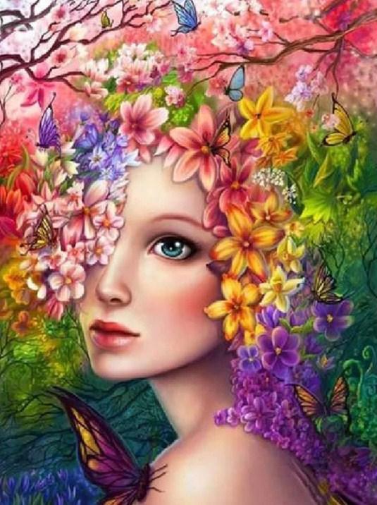 Pretty Girl with Flowers on her Head - diamond-painting-bliss.myshopify.com