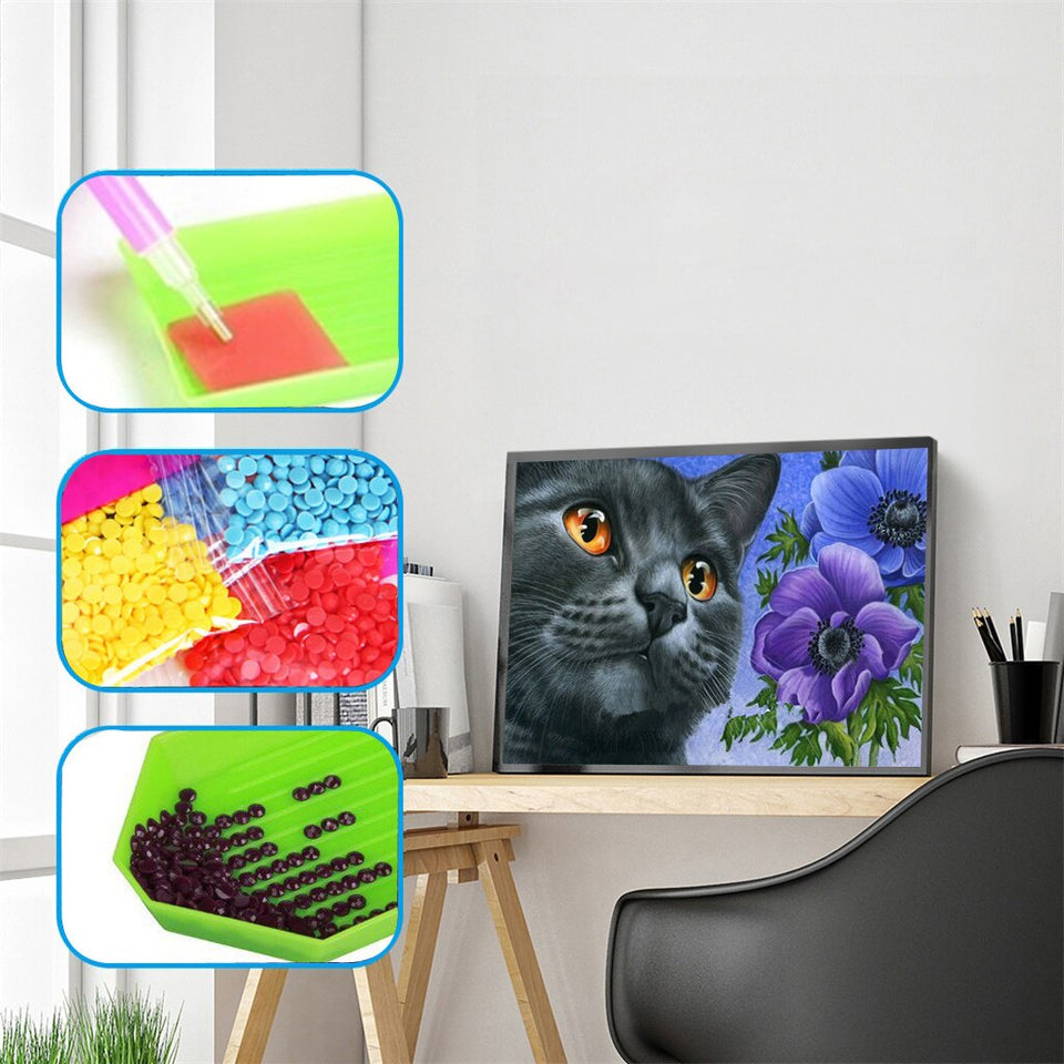 Cat With Yellow Eyes And Flowers Special Diamond Painting