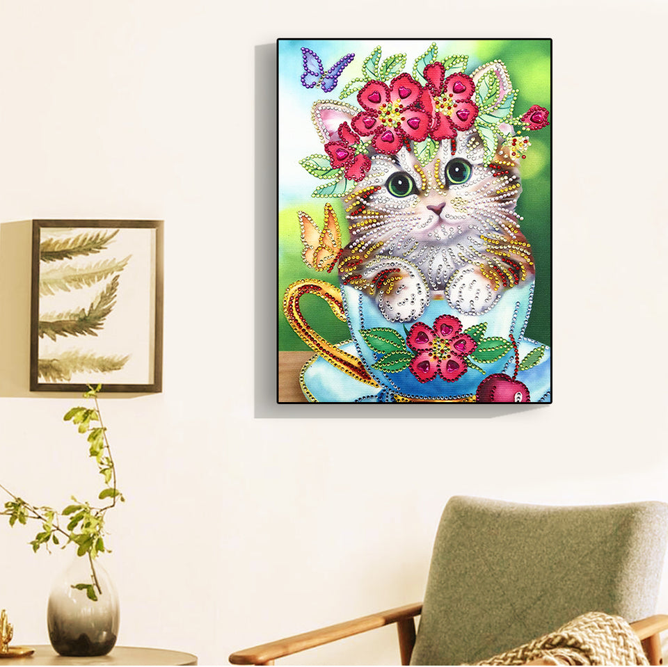 Cute Cat With Flowers In Cup