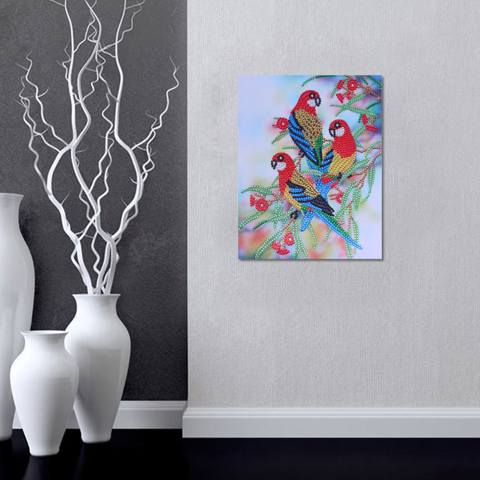 Three Colorful Parrots On Tree