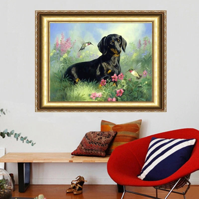 Black Dog And Flowers Painting