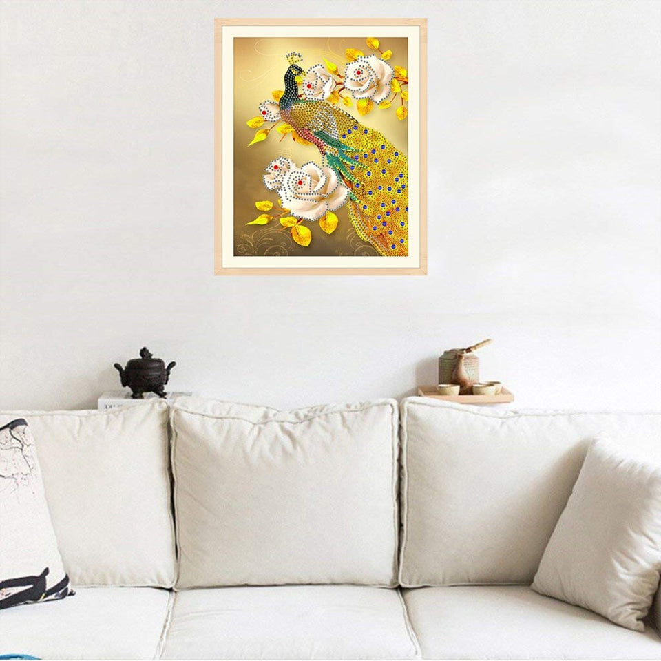 Yellow Peacock With Flowers