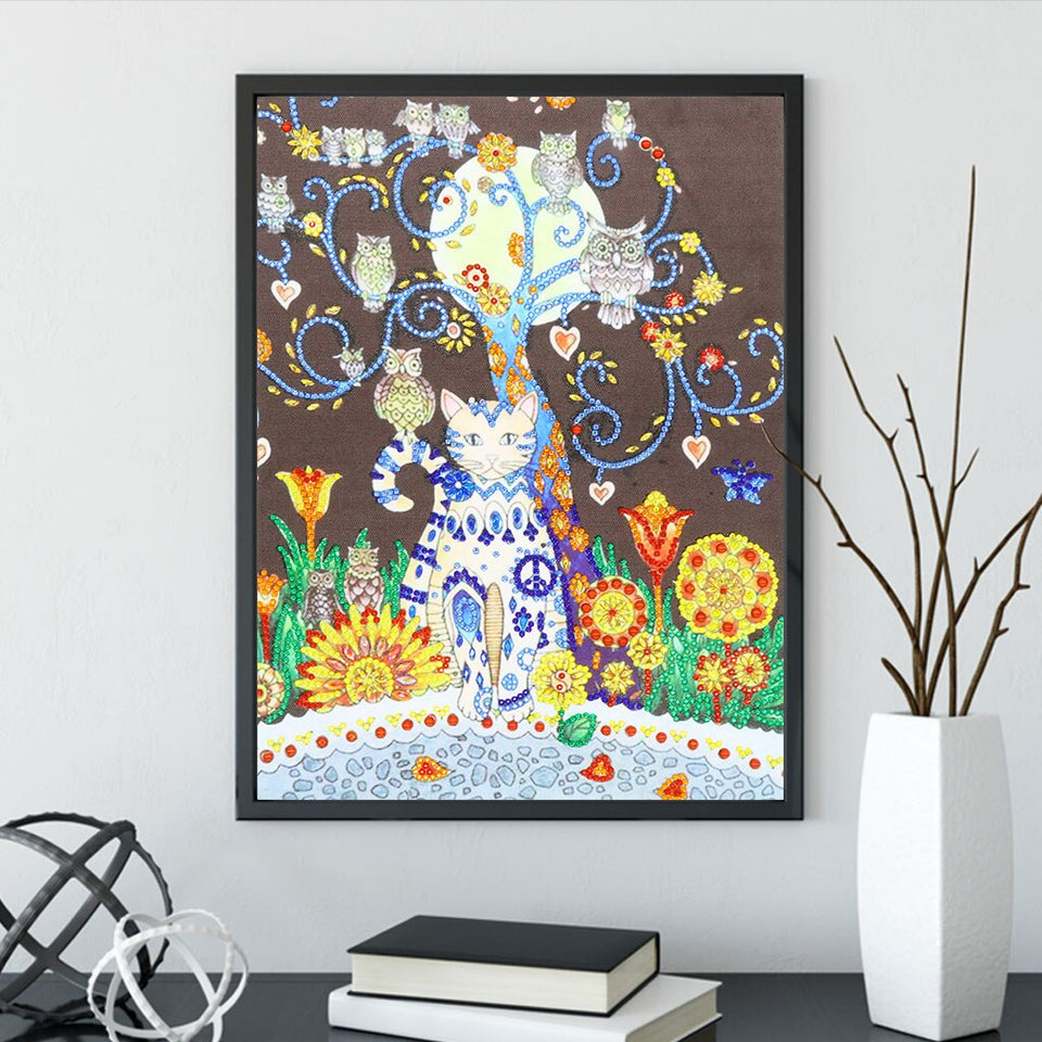 Cat And Owls Colorful Painting
