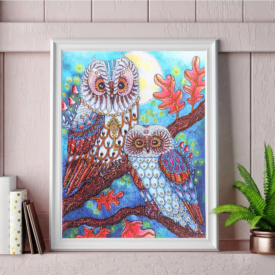 Two Owls On Tree With Moon