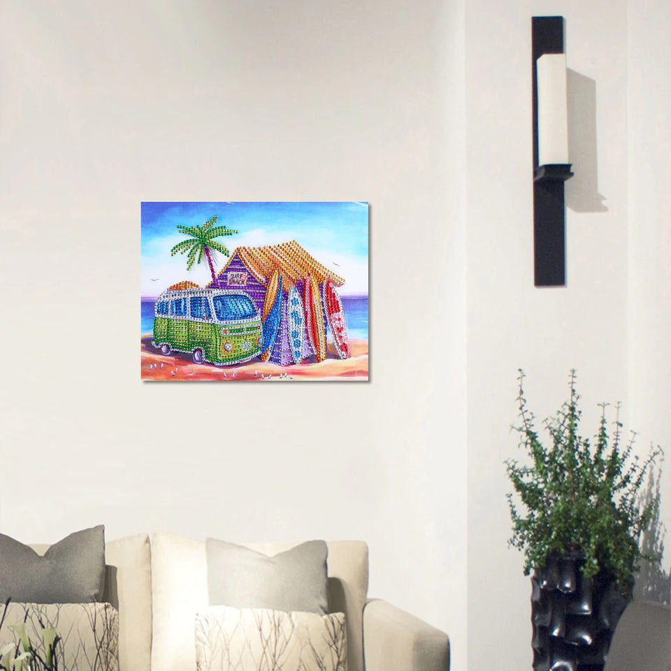 House With Colorful Van And Tree On Beach