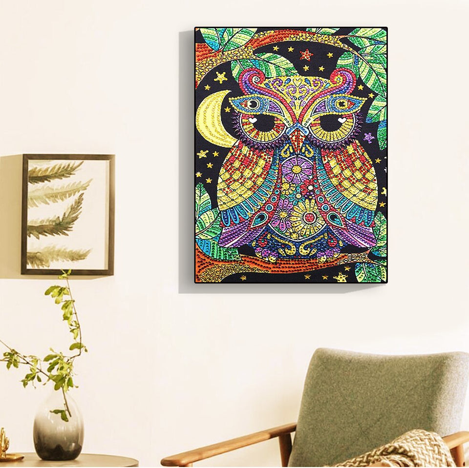 Colorful Owl On Tree With Moon And Stars