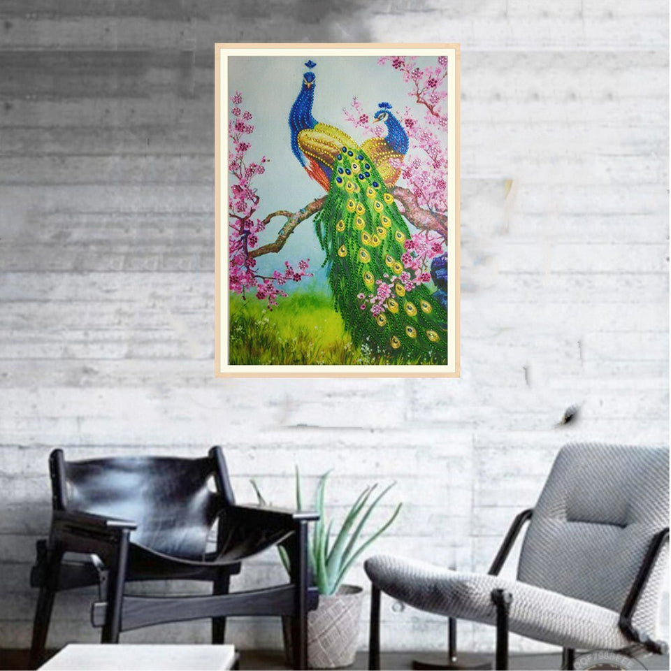 Two Peacocks On Tree With Flowers