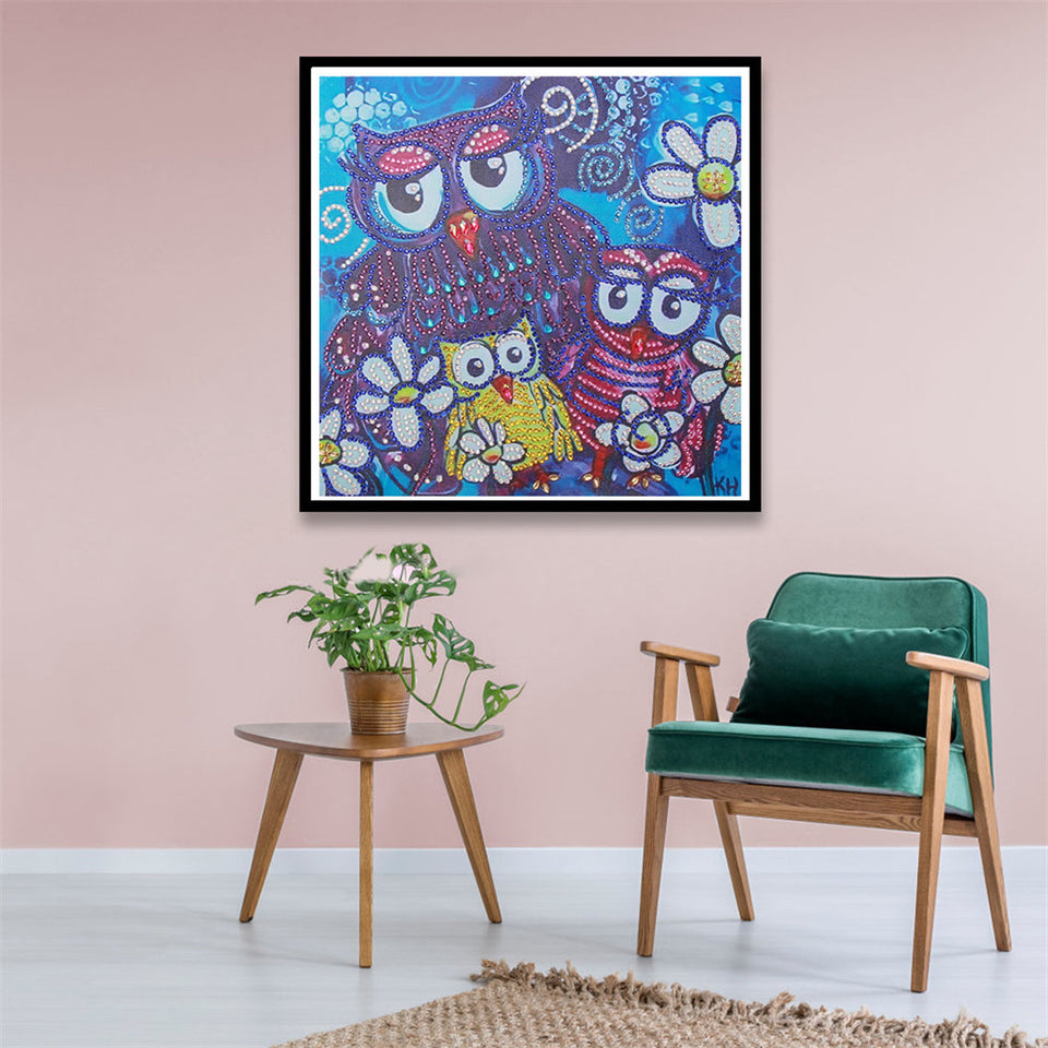 Three Cute Owls With Flowers