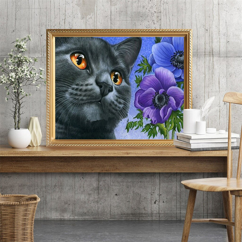 Cat With Yellow Eyes And Flowers Special Diamond Painting