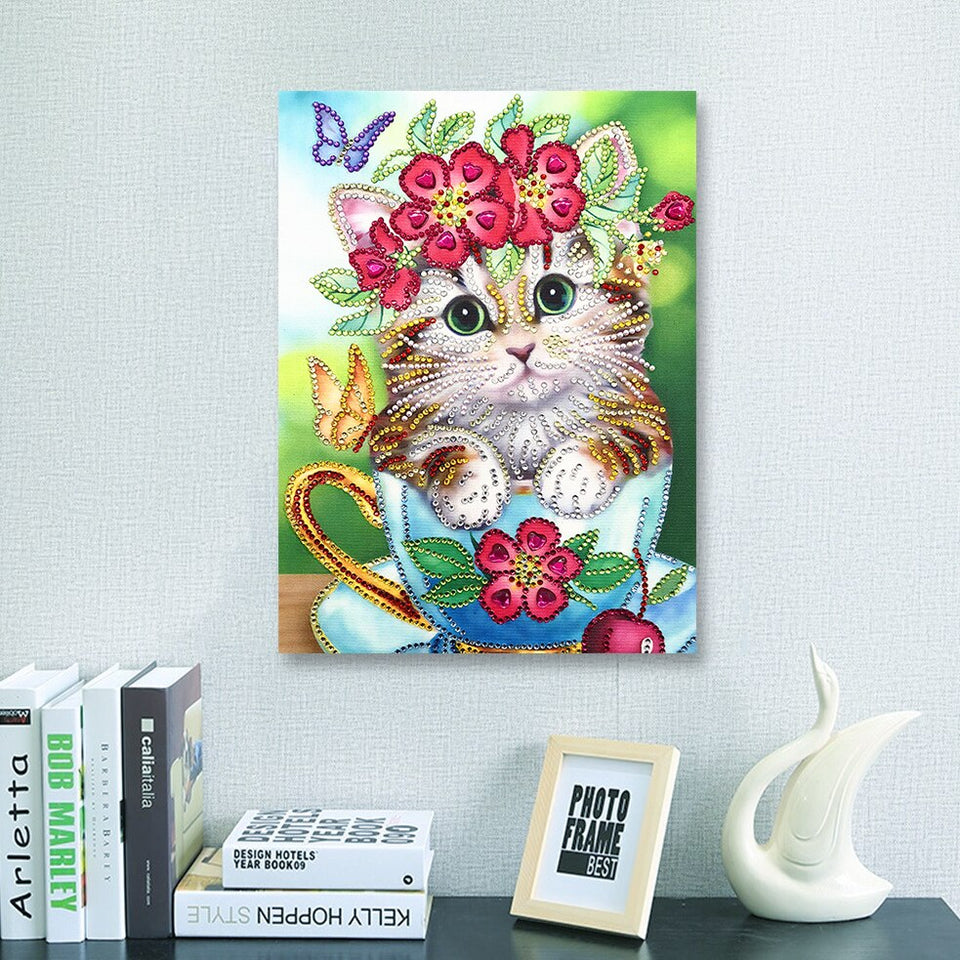 Cute Cat With Flowers In Cup