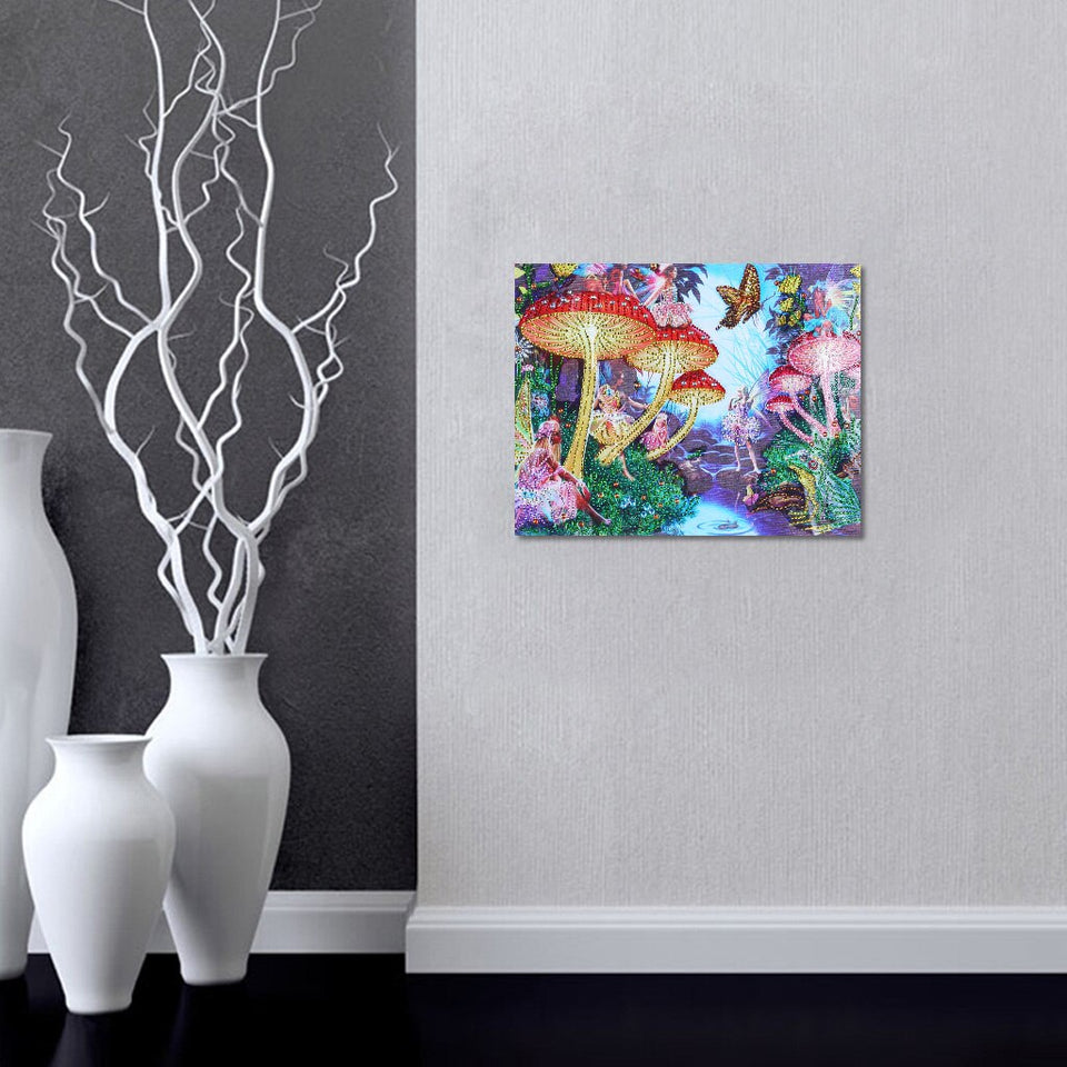 Mushrooms With Butterfly In Jungle Special Diamond Painting