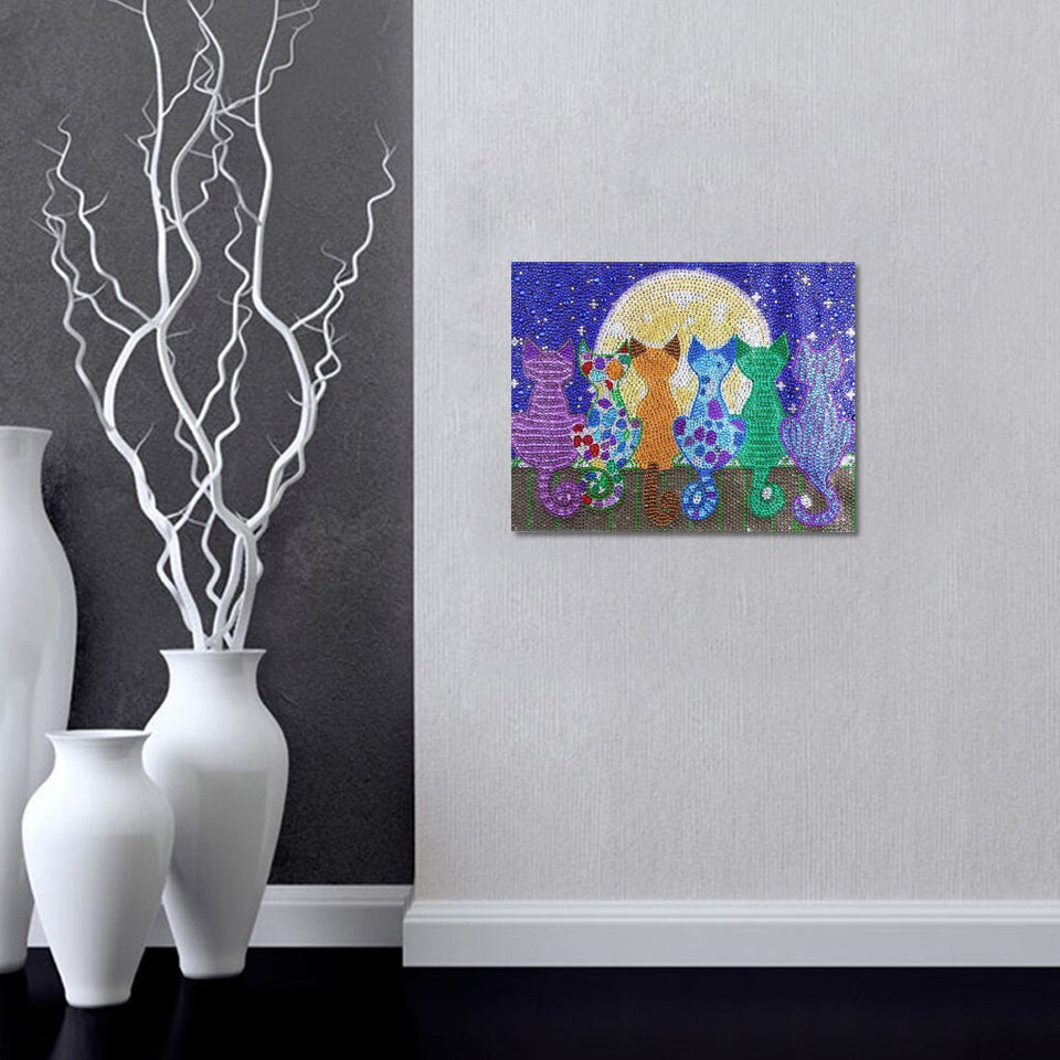 Cats In Night With Full Moon