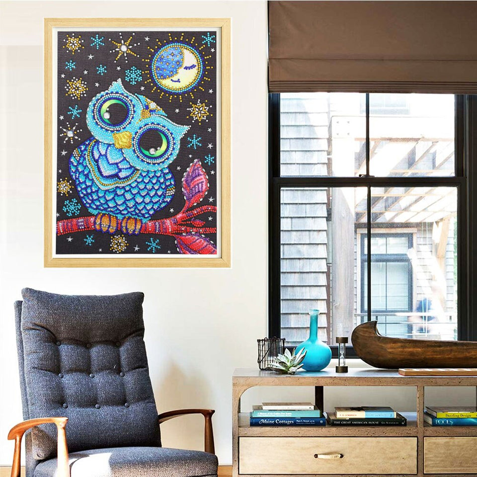 Cute Owl With Moon In Night