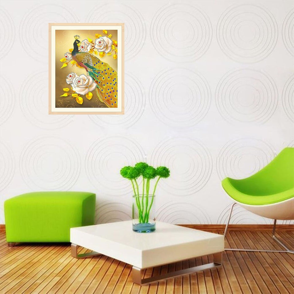 Yellow Peacock With Flowers