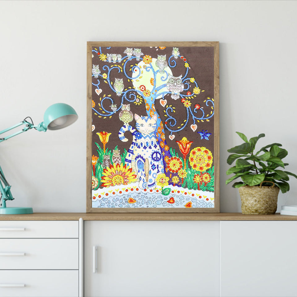 Cat And Owls Colorful Painting