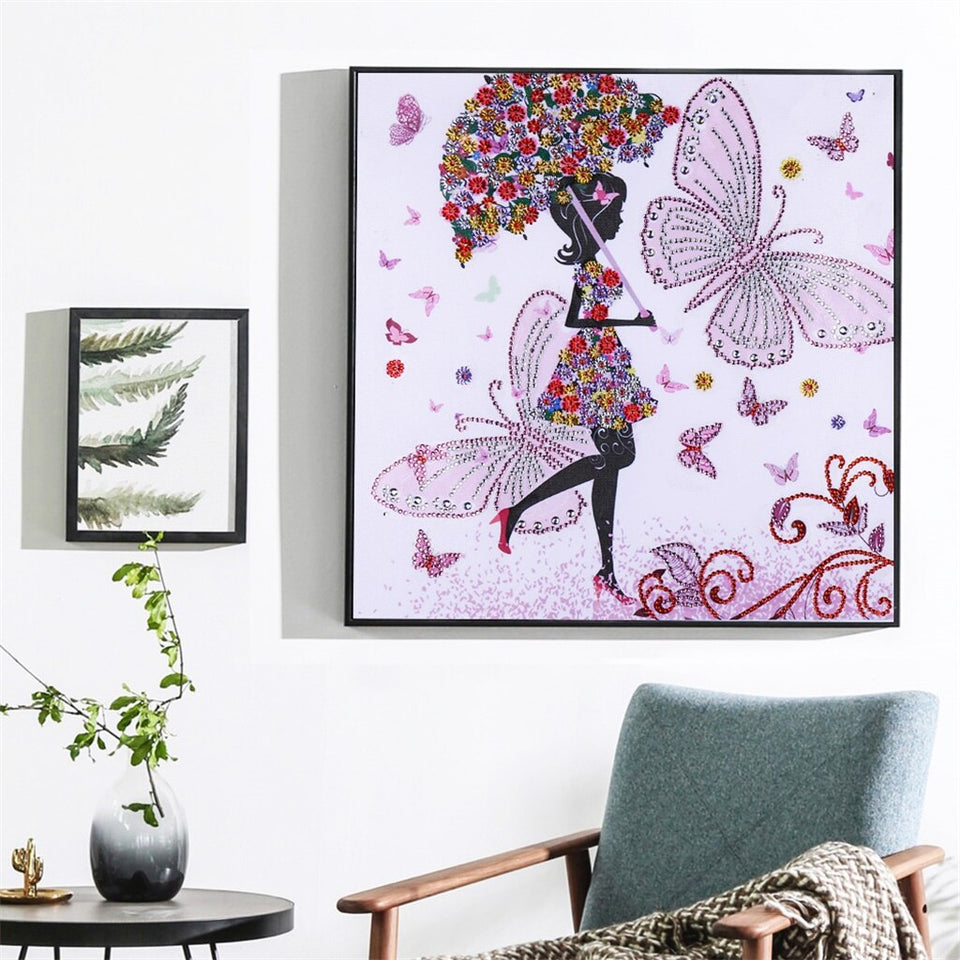 Girl Under Umbrella With Butterfly