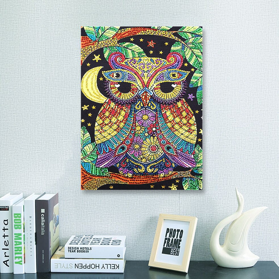 Colorful Owl On Tree With Moon And Stars