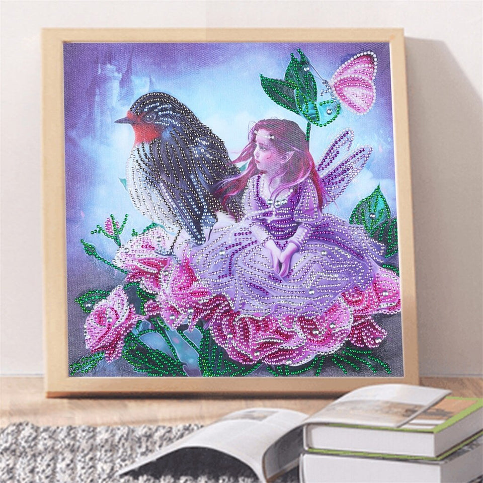 Girl And Bird On Pink Flowers