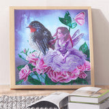 Girl And Bird On Pink Flowers