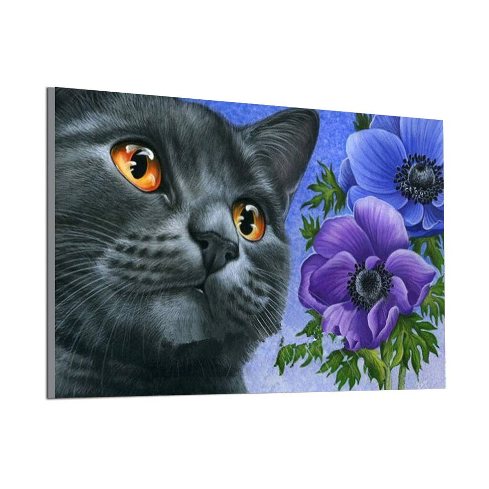 Cat With Yellow Eyes And Flowers Special Diamond Painting