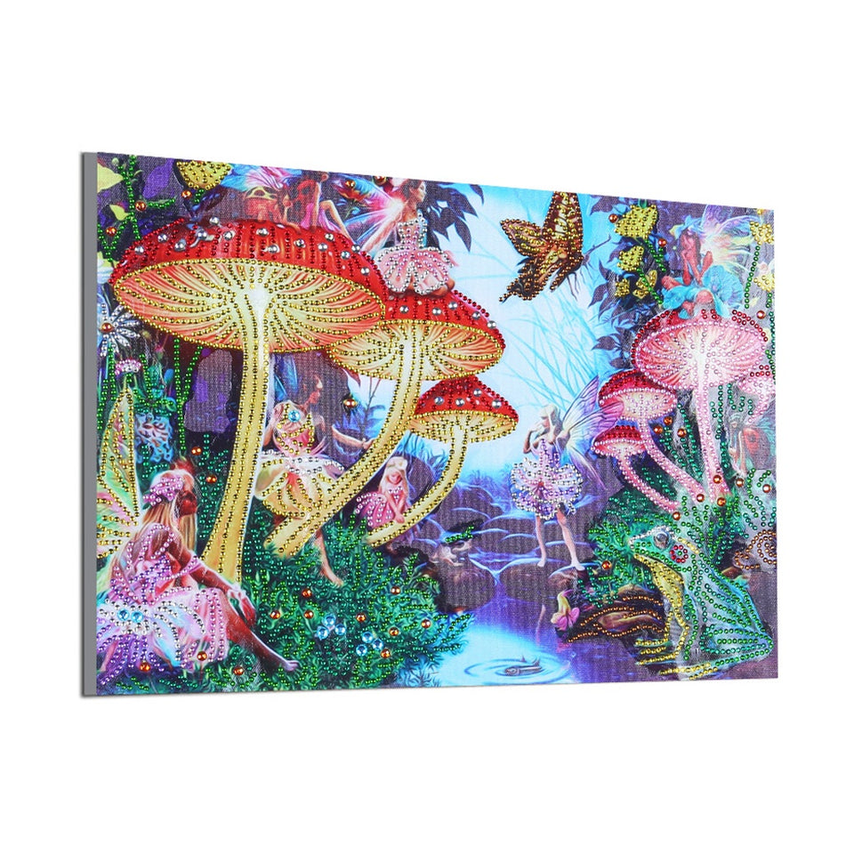 Mushrooms With Butterfly In Jungle Special Diamond Painting