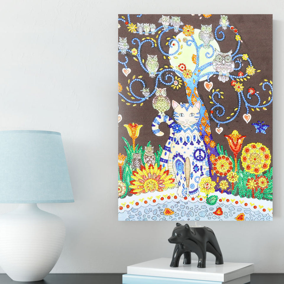 Cat And Owls Colorful Painting