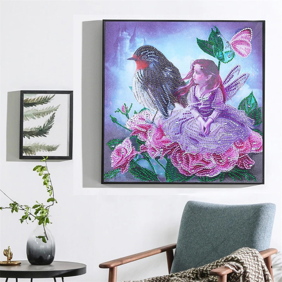 Girl And Bird On Pink Flowers