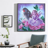 Girl And Bird On Pink Flowers