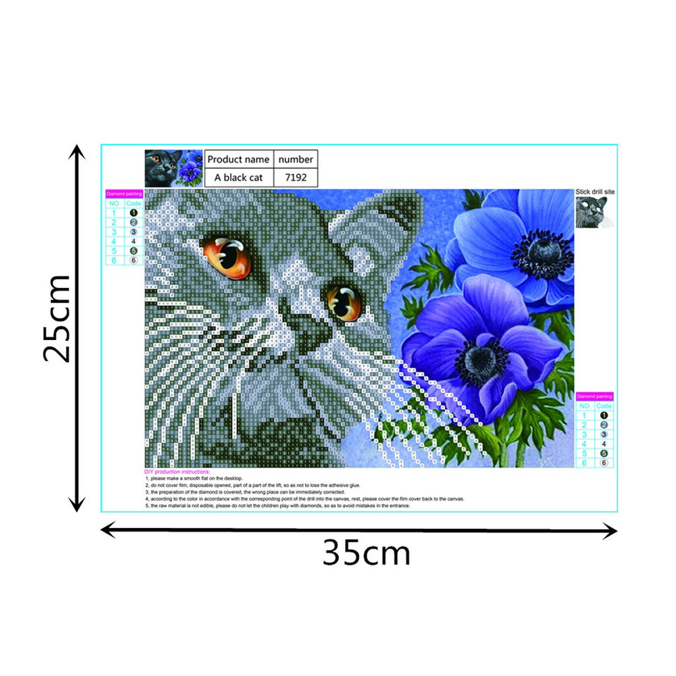 Cat With Yellow Eyes And Flowers Special Diamond Painting