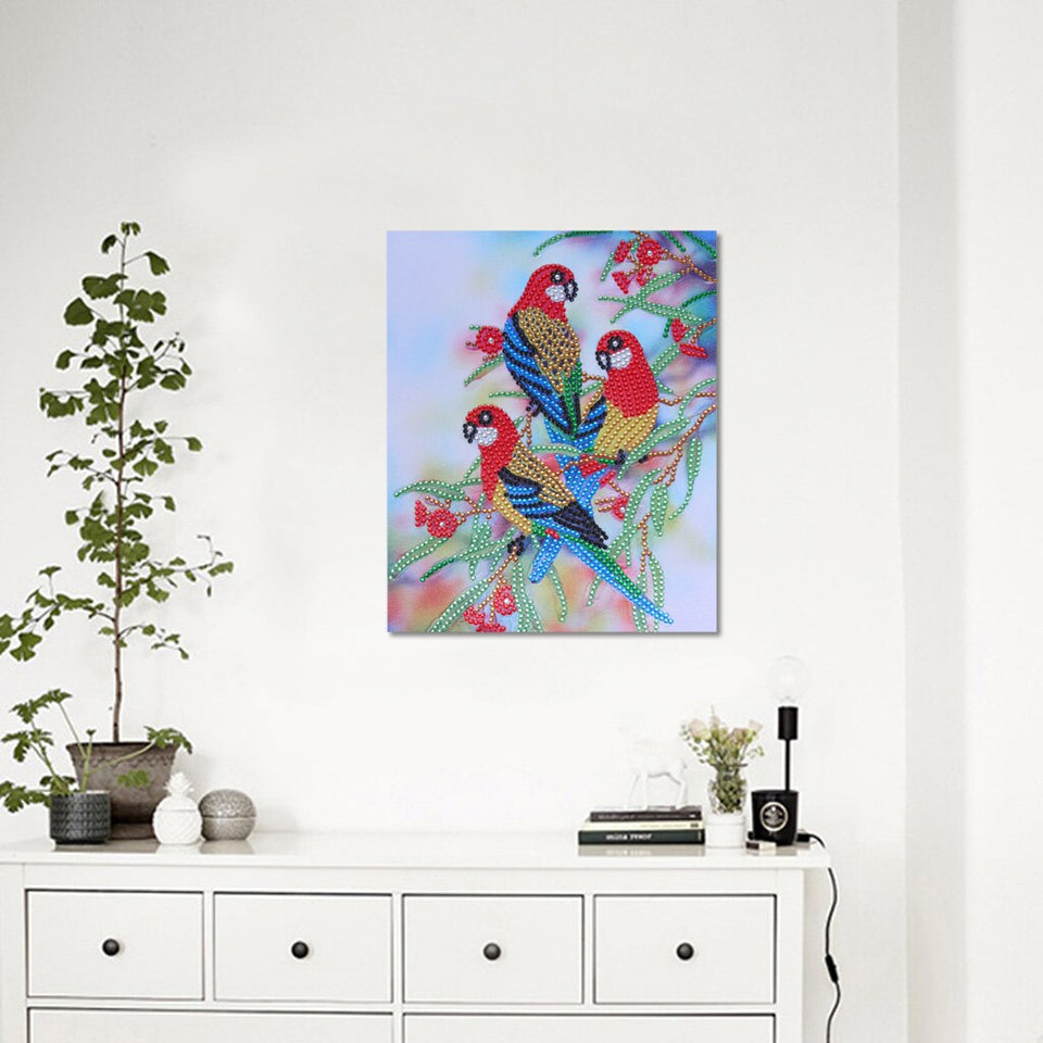Three Colorful Parrots On Tree