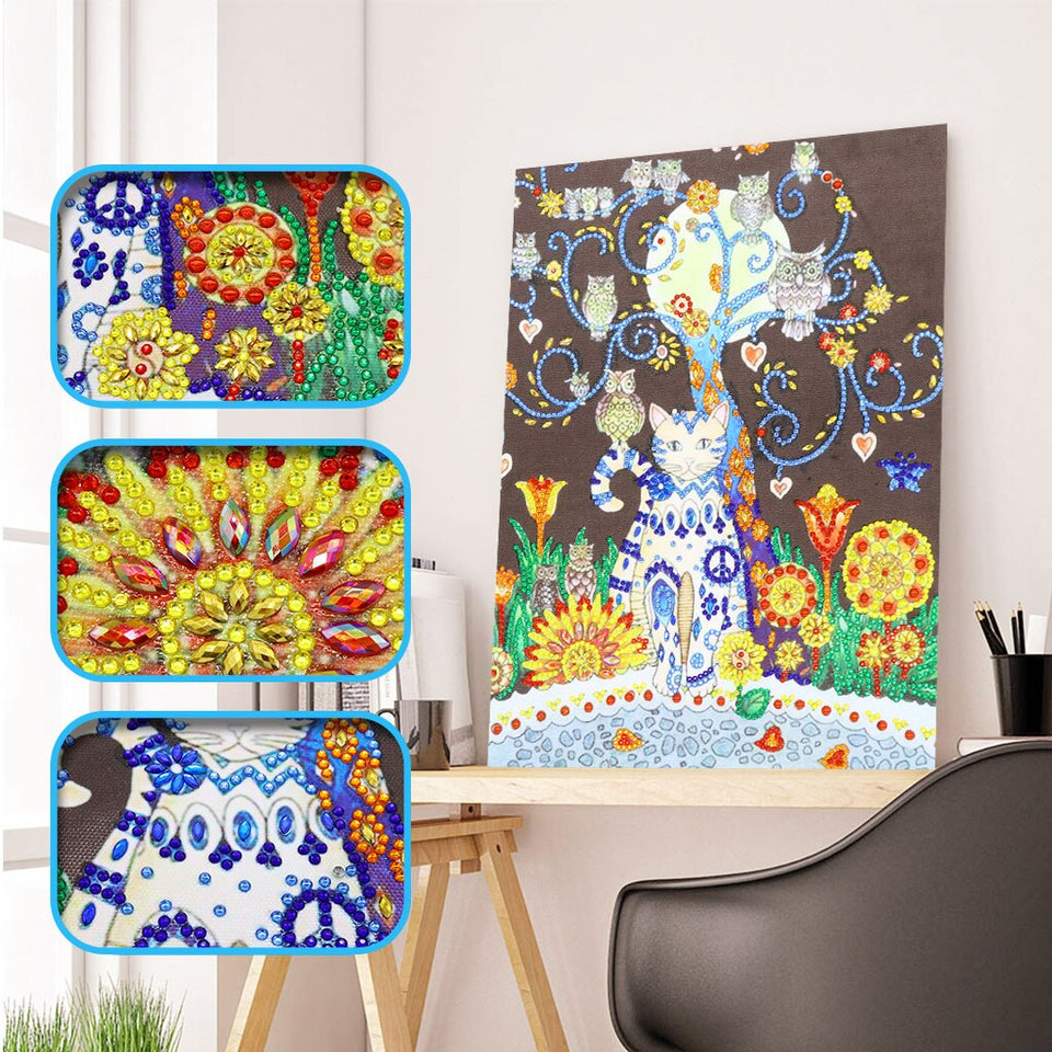Cat And Owls Colorful Painting