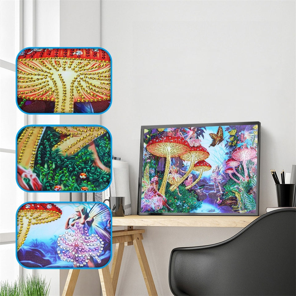 Mushrooms With Butterfly In Jungle Special Diamond Painting
