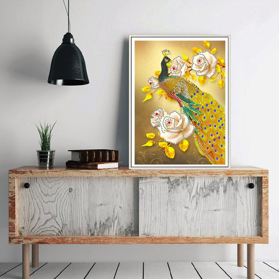 Yellow Peacock With Flowers