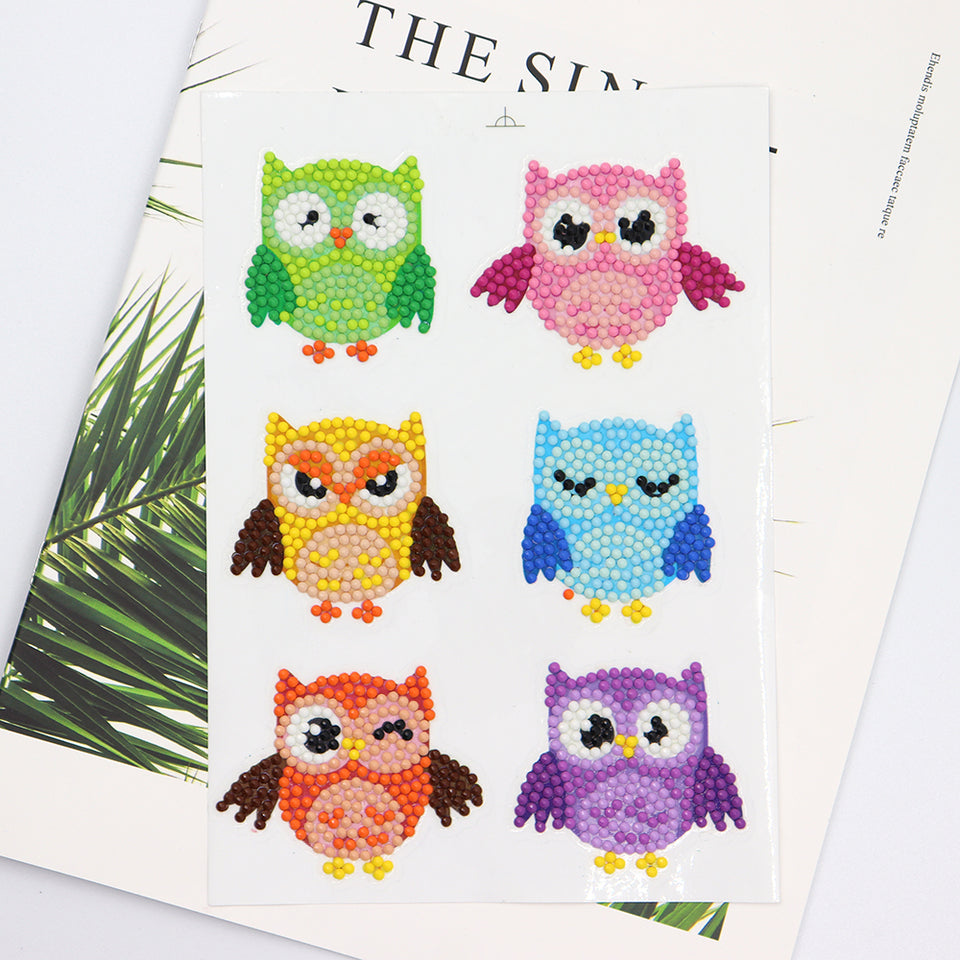 6 Pcs Set - Owl Stickers - Round Diamonds