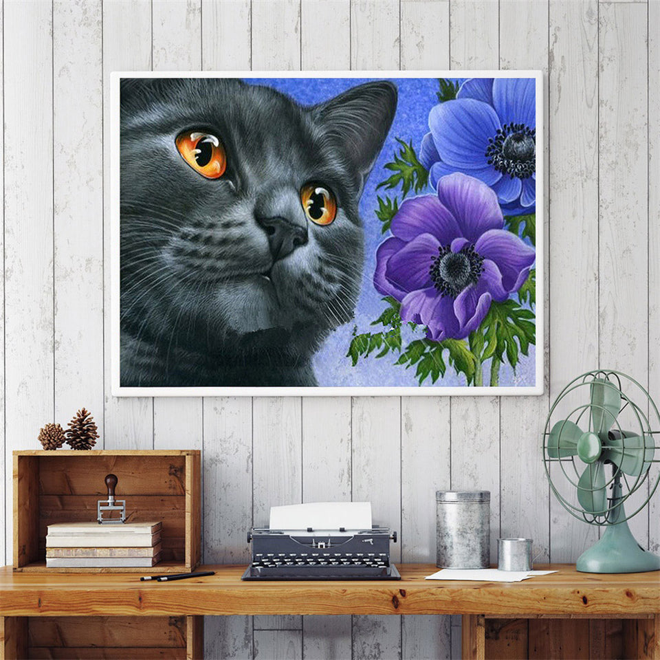 Cat With Yellow Eyes And Flowers Special Diamond Painting