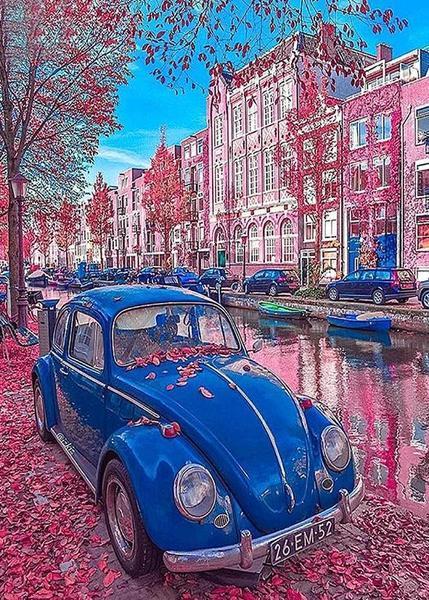 Blue Car & Rain of Pink Flowers - diamond-painting-bliss.myshopify.com