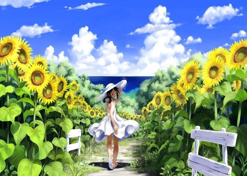 Beautiful Anime Girl In Sunflower Field - 5D Diamond Painting -  DiamondPainting5d.SHOP %