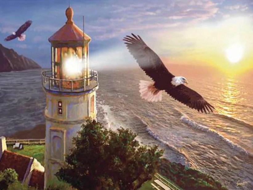 Beach Light House & Flying Eagles - diamond-painting-bliss.myshopify.com