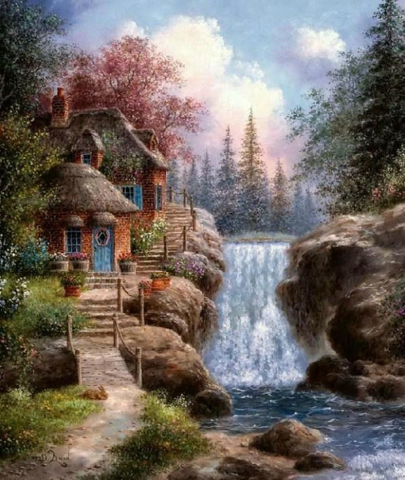 Beautiful House by the Waterfall - diamond-painting-bliss.myshopify.com