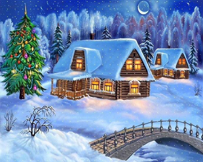 Beautiful Snow Cottages & Christmas Tree - diamond-painting-bliss.myshopify.com