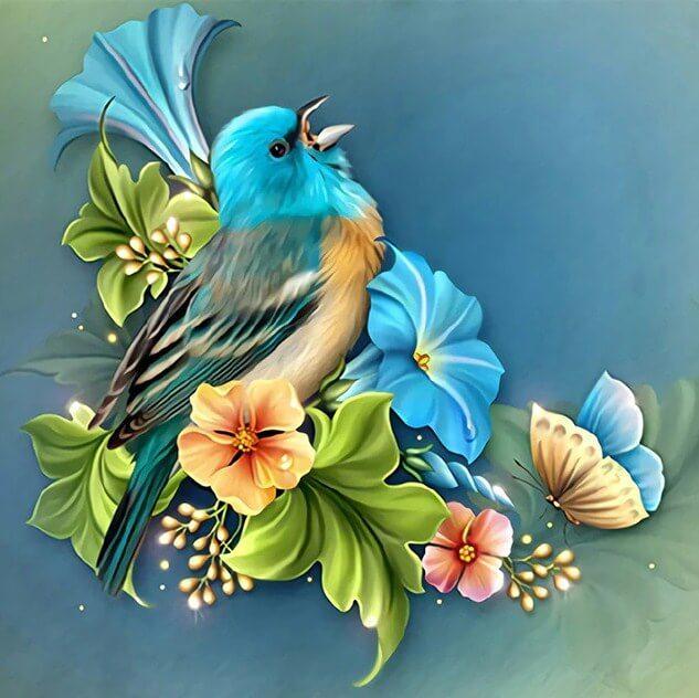 Blue Sparrow & Flowers - diamond-painting-bliss.myshopify.com