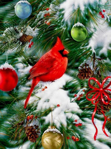Cardinal Sitting on Christmas Tree - diamond-painting-bliss.myshopify.com