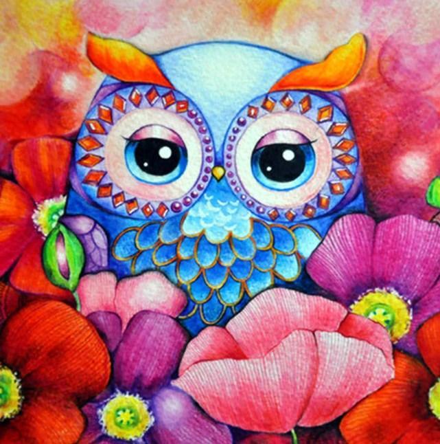 Cartoon Owl & Flowers - diamond-painting-bliss.myshopify.com