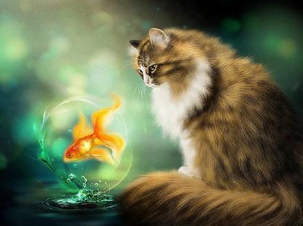 Cat & Goldfish Painting - diamond-painting-bliss.myshopify.com
