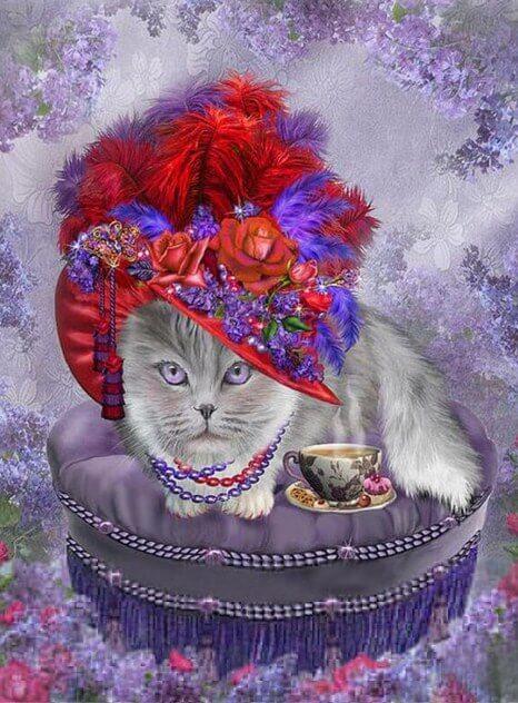 Cat with a Floral Hat & Tea - diamond-painting-bliss.myshopify.com